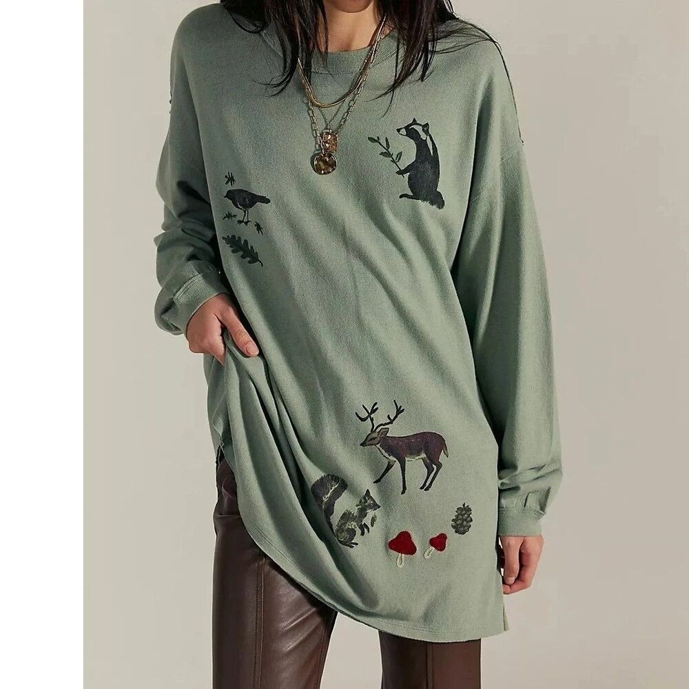 Free People We The Free Never Leaf Me Tee Tunic Top Embroidered Cotton L 287482